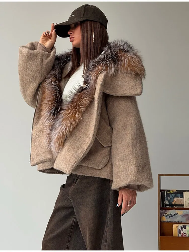 معطف نسائي شتوي كبير الحجم عتيق بياقة من الفرو الصناعي جاكيت بقلنسوة فضفاض بصدر واحد ملابس خارجية 2025 معاطف نسائية عصرية جديدة #2