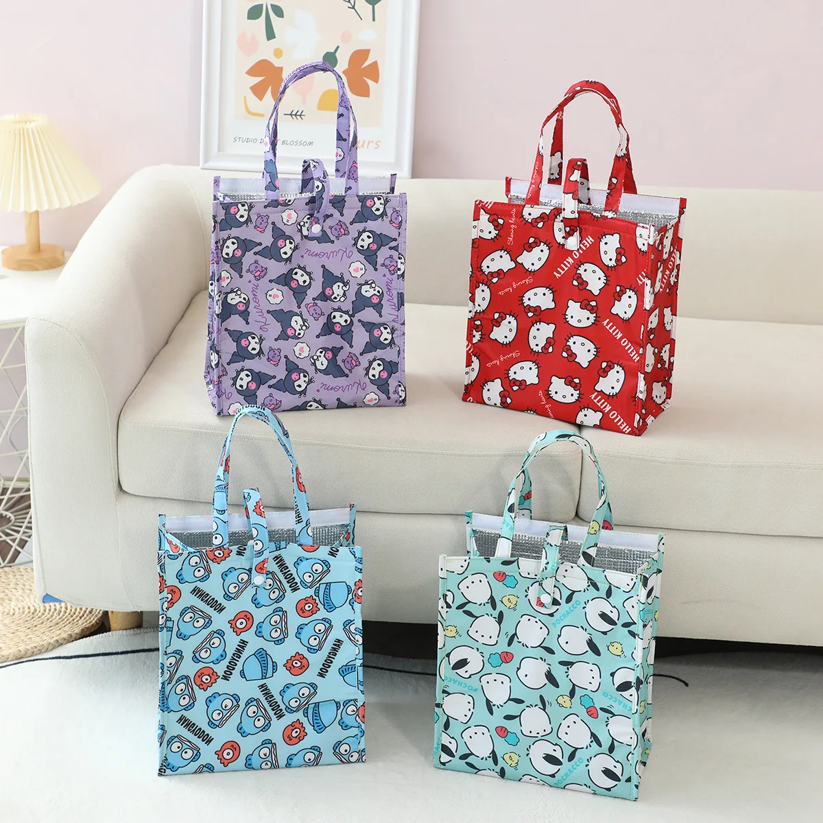 

Hello Kitty Bento Bag Hangyodon Foldable Handheld Lunch Insulated Bag Aluminum Foil Insulated Large-capacity Storage Lunch Box