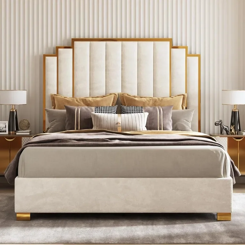 AMERLIFE King Size Upholstered Bed, Modern Velvet Bed Frame with 65.4” Tall Gold Trim Headboard, No Box Spring Needed, Cream