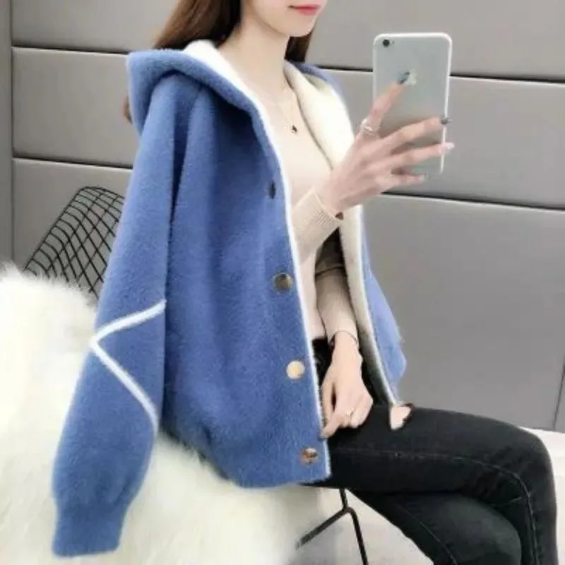 2025 New Hooded Thick Imitation Mink Fleece Sweater Short Coat Women Knitted Cardigan Tops