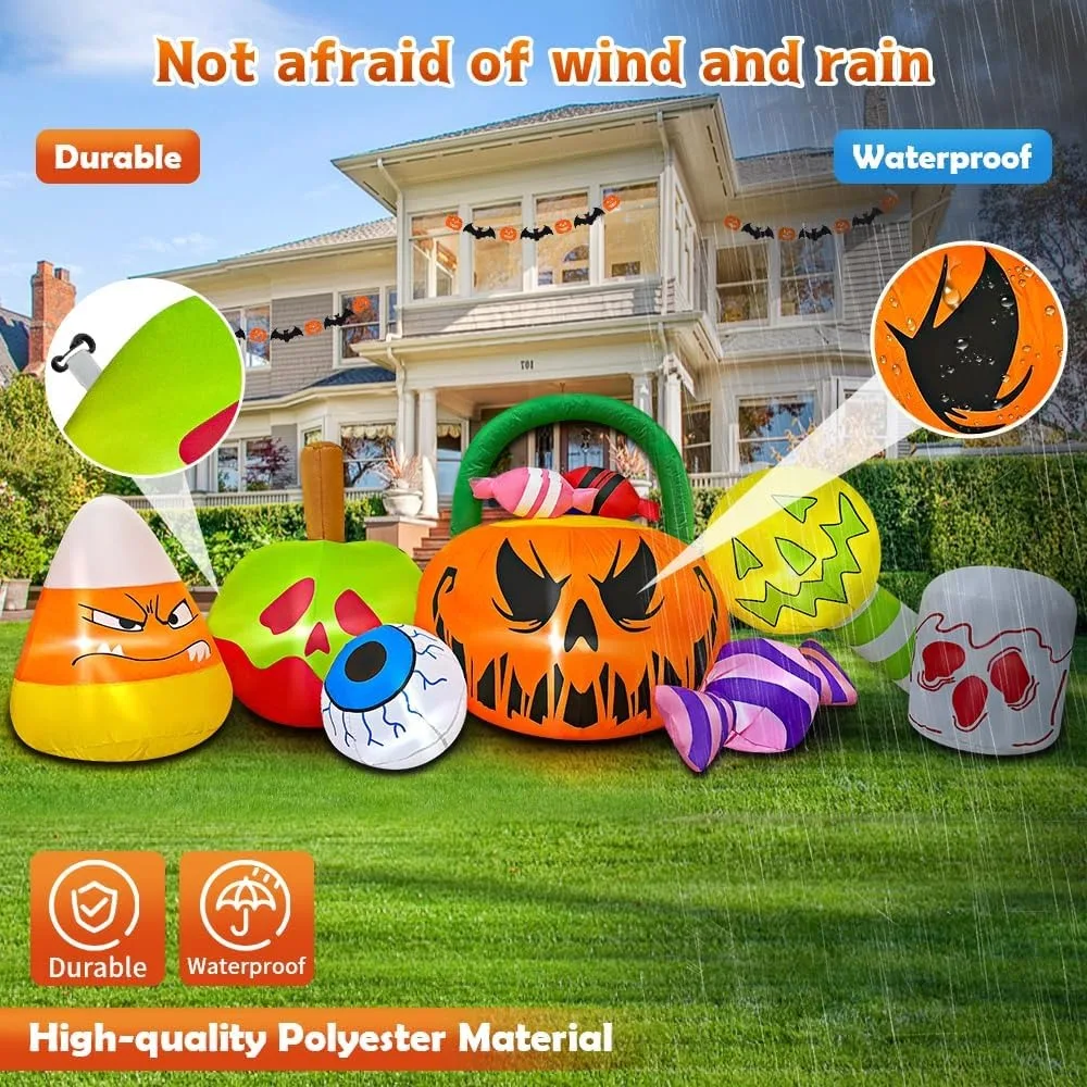 Decoração De Abóbora Inflável De Halloween, Combinação De Globo De Olhos De Doces, Luz LED, Decoração ao ar livre, 10 pés