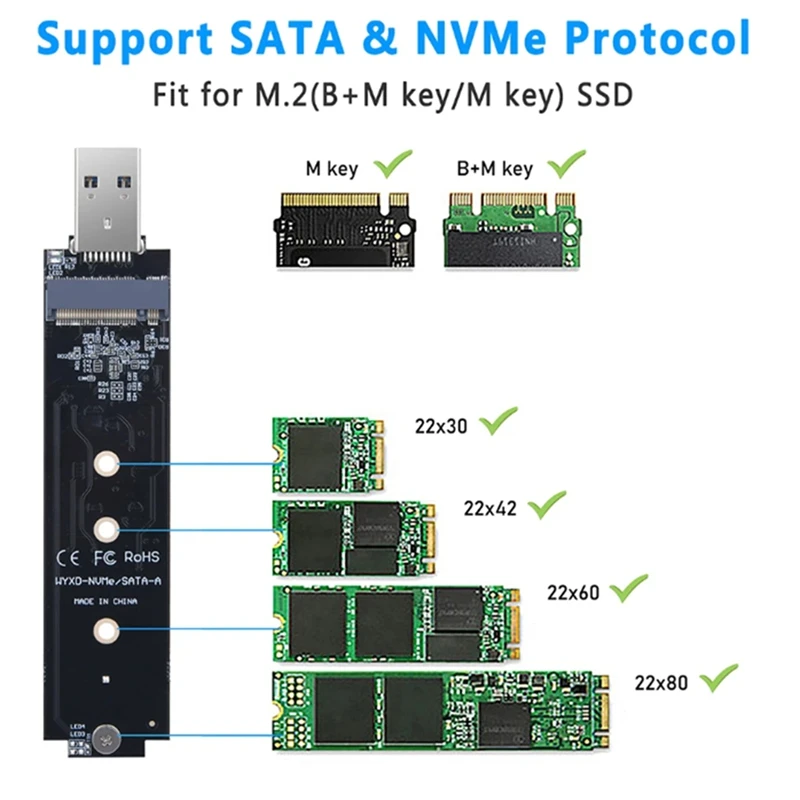 Placa adaptadora inline Nvme PCIE para USB 3.1, Tipo A Módulo M.2, Multi-Função, Conveniente