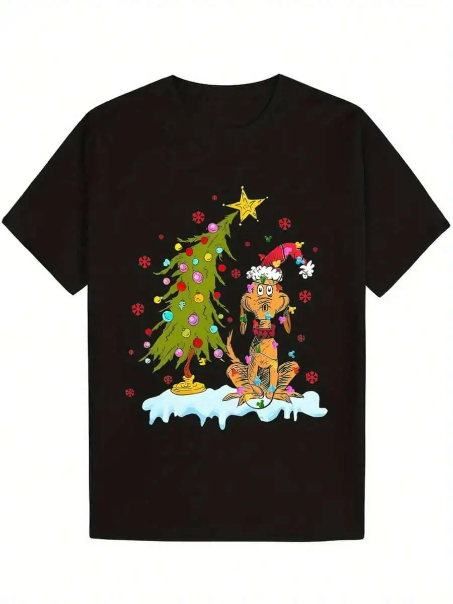 Top Picklocalmen's 180G Heavyweight T-Shirt Black Holiday Print With Cartoon Dog In Santa Hat, Lighted Tree & 100% Cotton Trendy