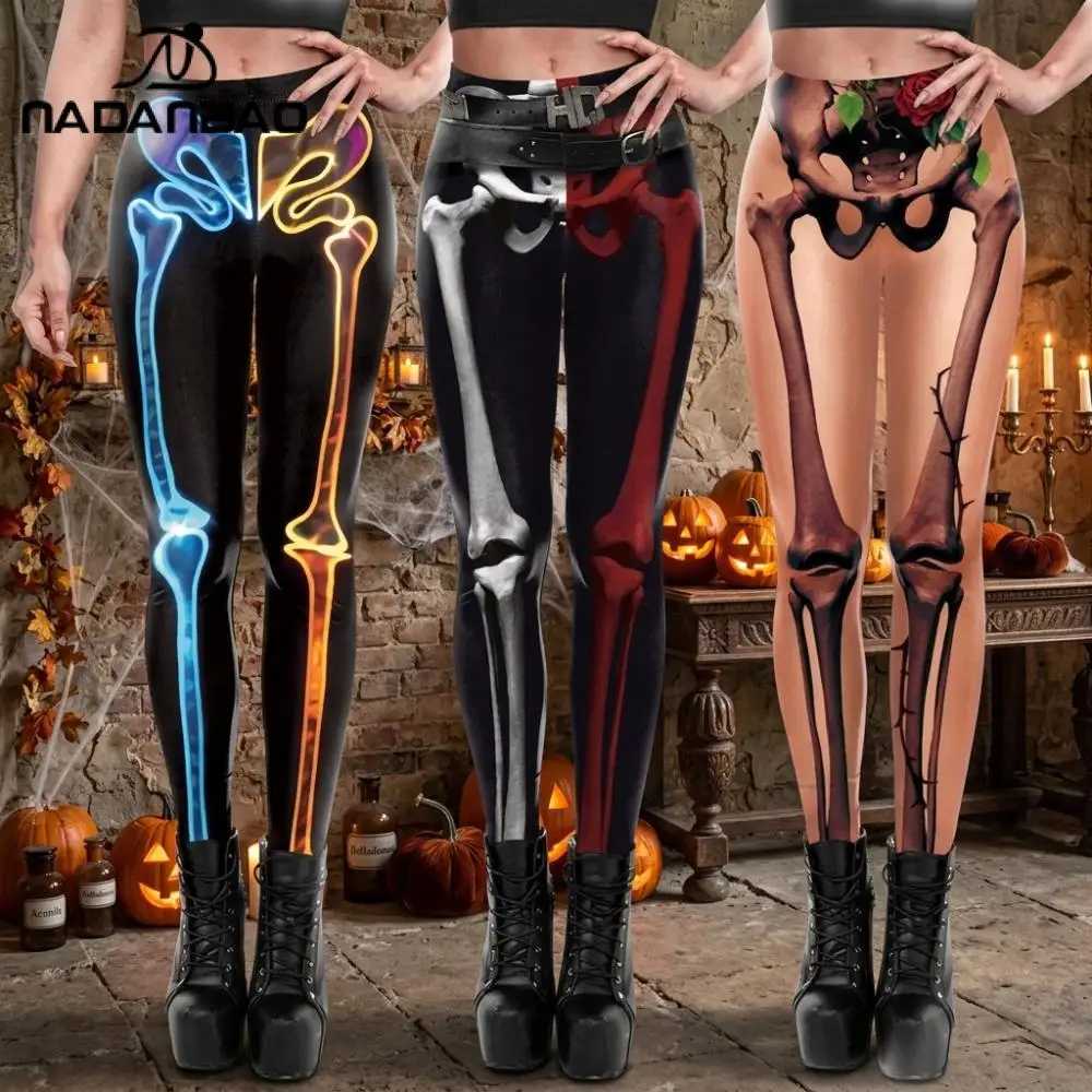 Nadanbao Halloween Skeleton Print Black Legging Women Sexy Slim Tights Casual Pants Festival Party Trousers Elastic Yoga Bottoms
