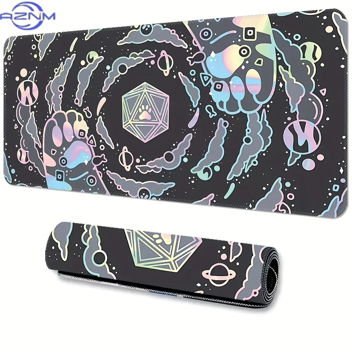 Iridescent Cosmic Paw‑print Large Gaming Mouse Pad, Galaxy Space Pattern Non‑Slip Extended Keyboard Desk Mat