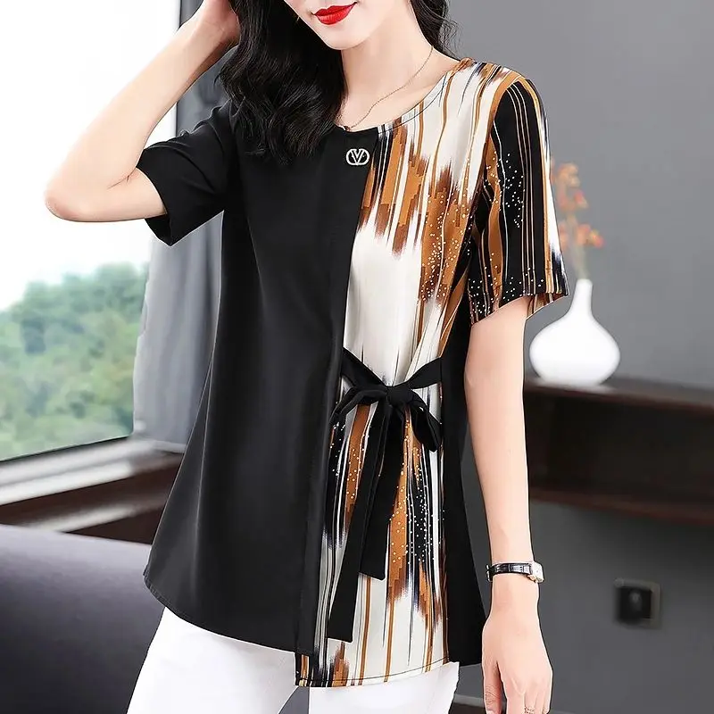 

Contrast Printing Lacing T Shirts Summer New Irregular Short Sleeve Loose Printing Vintage Tops Fashion Casual Women Clothing