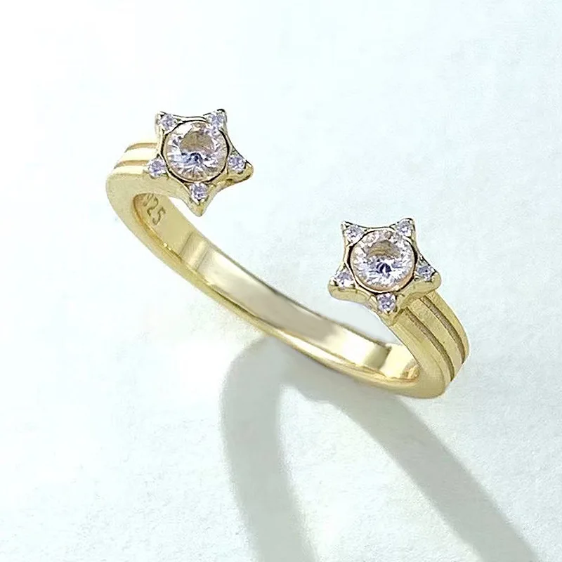 

Ins Fashion 925 Silver Star Double Diamond Zircon CZ Open Finger Band Moon Sun Gemstone Cocktail Party Gold Ring Romantic Gift