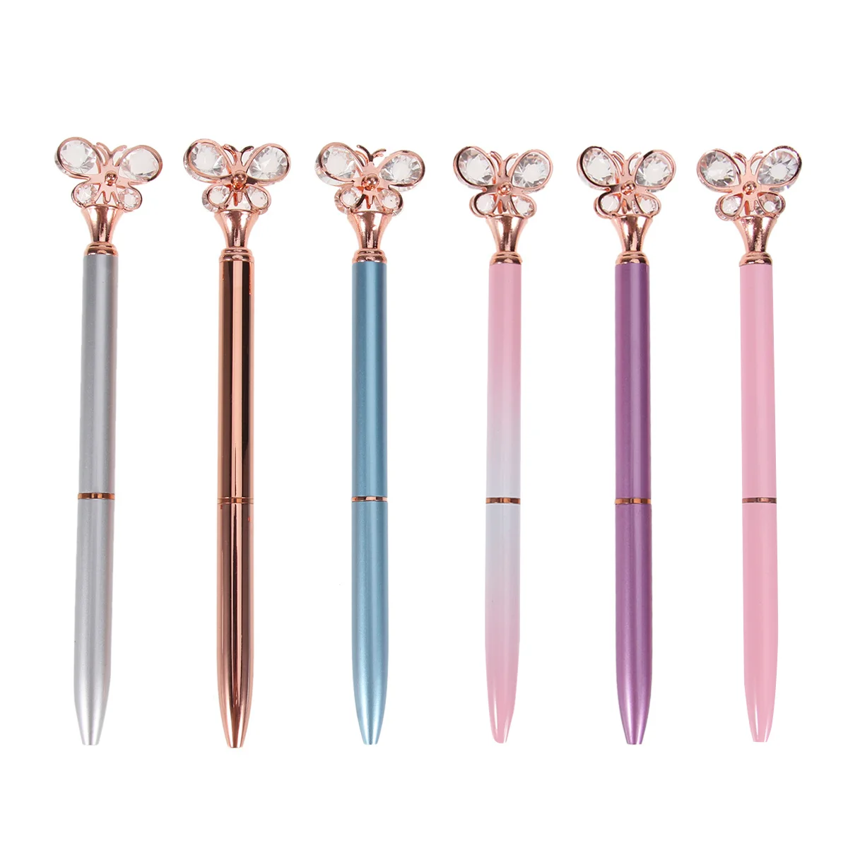 6 Pcs Ballpoint Pens Crystal Flower Butterfly Fancy Writing Dimond Art Decorative Cute