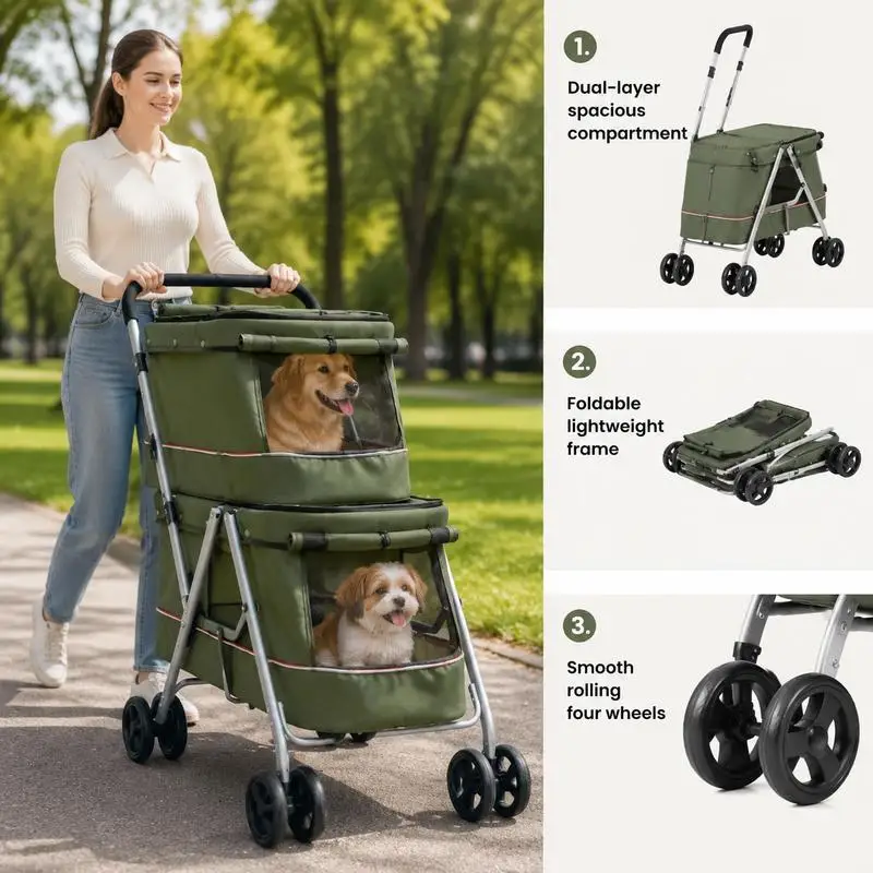 Poussette pour animaux gris, tissu lin 300D, 100x49x96 cm, cadre acier pliable, charge 15 kg, maille respirante, roues pivotantes, freins intégrés, sortie promenade, jardin, transport chat chien, rangement compact sécurisé