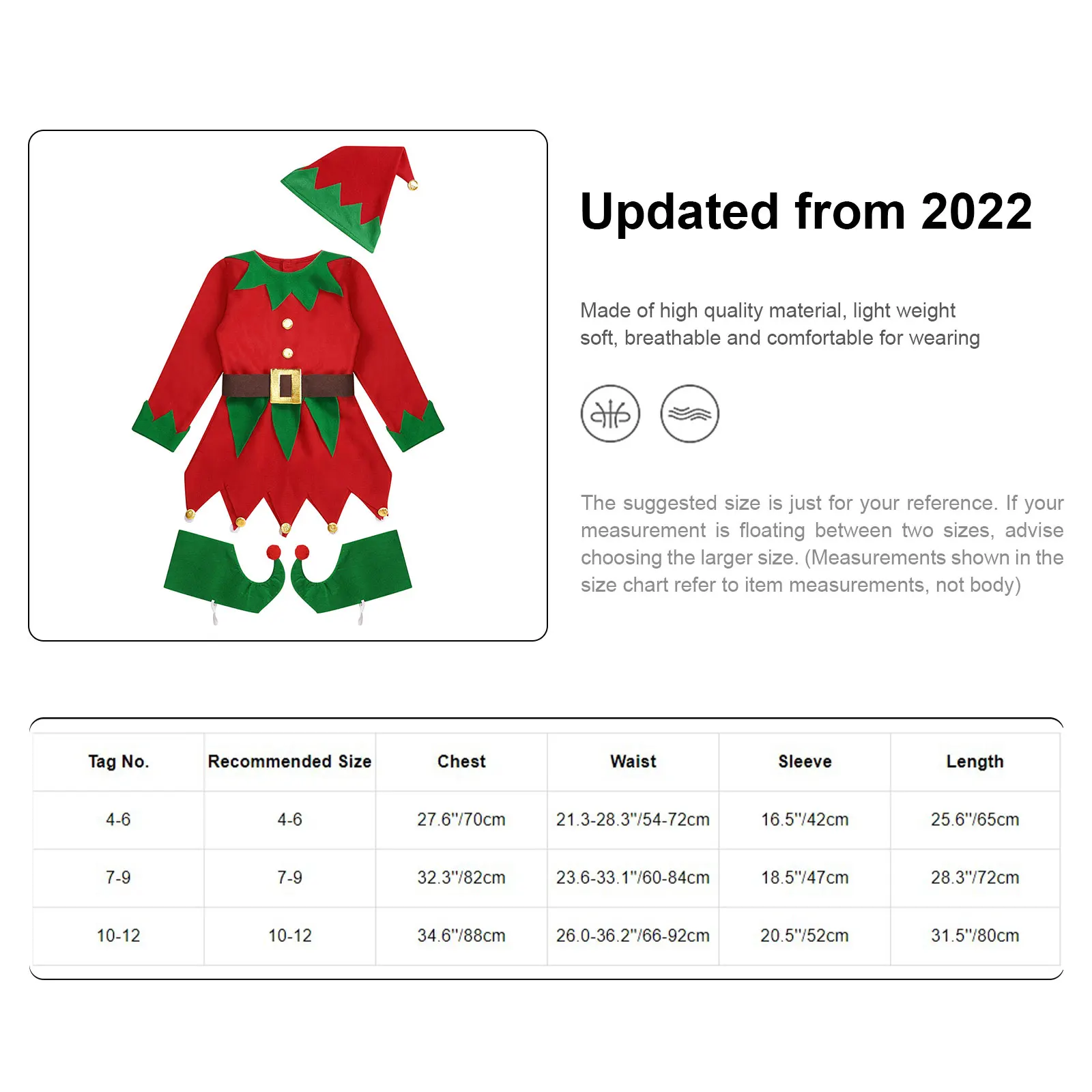 Children Christmas Elf Cosplay Costume Girls Long Sleeve Dress with Belt Hat Shoes Xmas Theme Party Masquerade Roleplay Garment