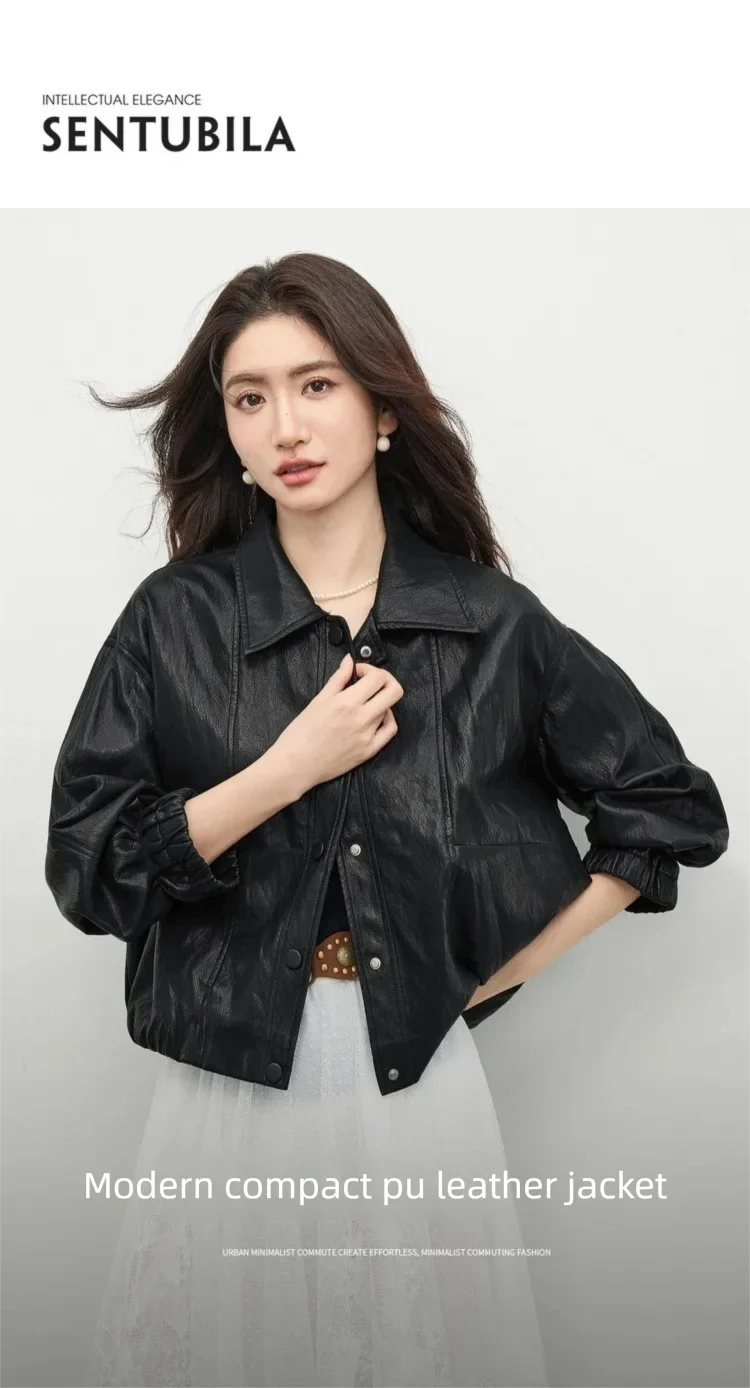 SENTUBILA Kunstlederjacke für Damen Frühjahr 2026 Schwarz Lose Revers Winddichte PU-Lederjacke Retro Damenmantel W61GD6039 – Detail 1