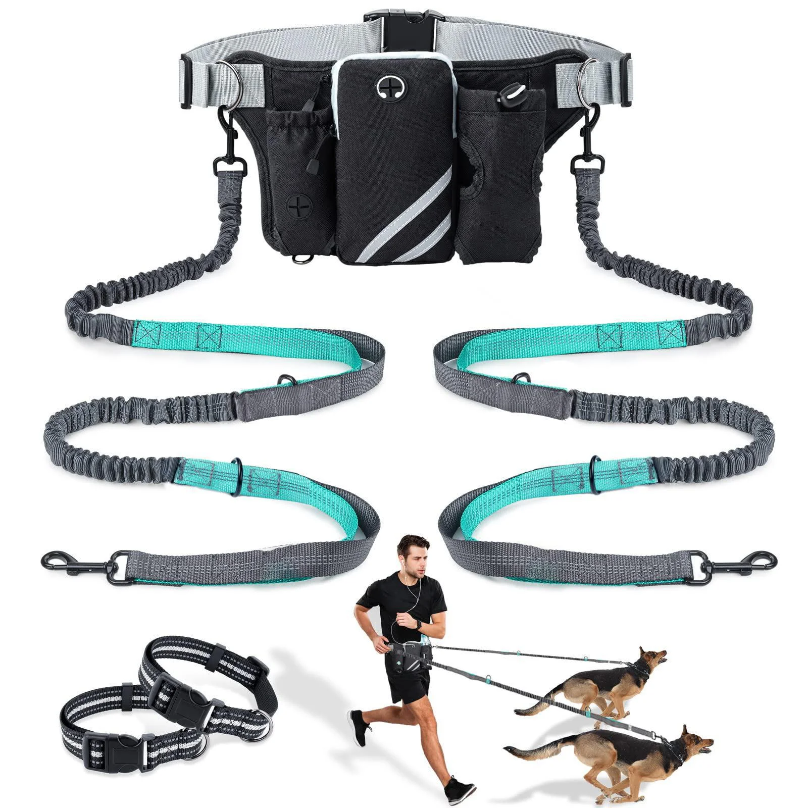 

Retractable Hands-Free Dog Leash for 2 Dogs, Adjustable Belt and Reflective Stitching for Hiking, Jogging, etc.