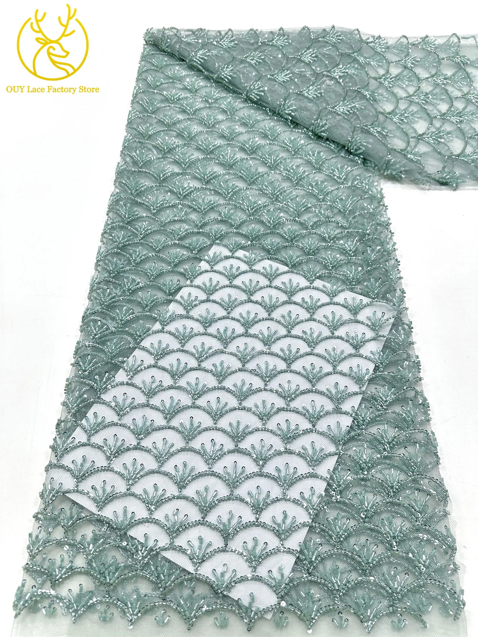 Rosa Neues Design Handgefertigter Perlen-Spitzenstoff Französischer Hochzeitsstoff Nigerianischer Pailletten-Perlen-Stickerei Tüll-Spitzenstoff – Detail 13