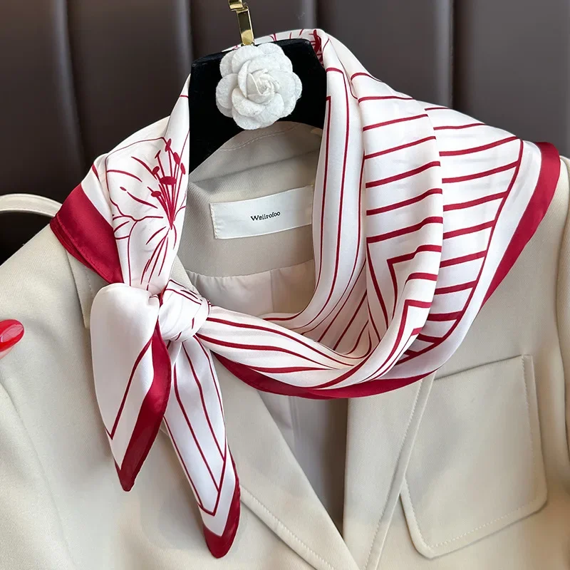 Luxury Stripe Floral Print Silk Square Scarf for Women Soft Satin Neckerchief Hairband Hands Bag Ribbon Foulard Hijab Headbands