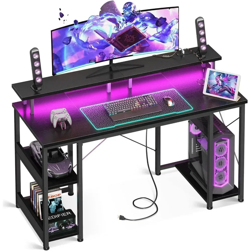 48 inch Gaming Desk with LED Lights & Power Outlets, Computer Desk with Monitor Stand & Storage Sheves, CPU Stand