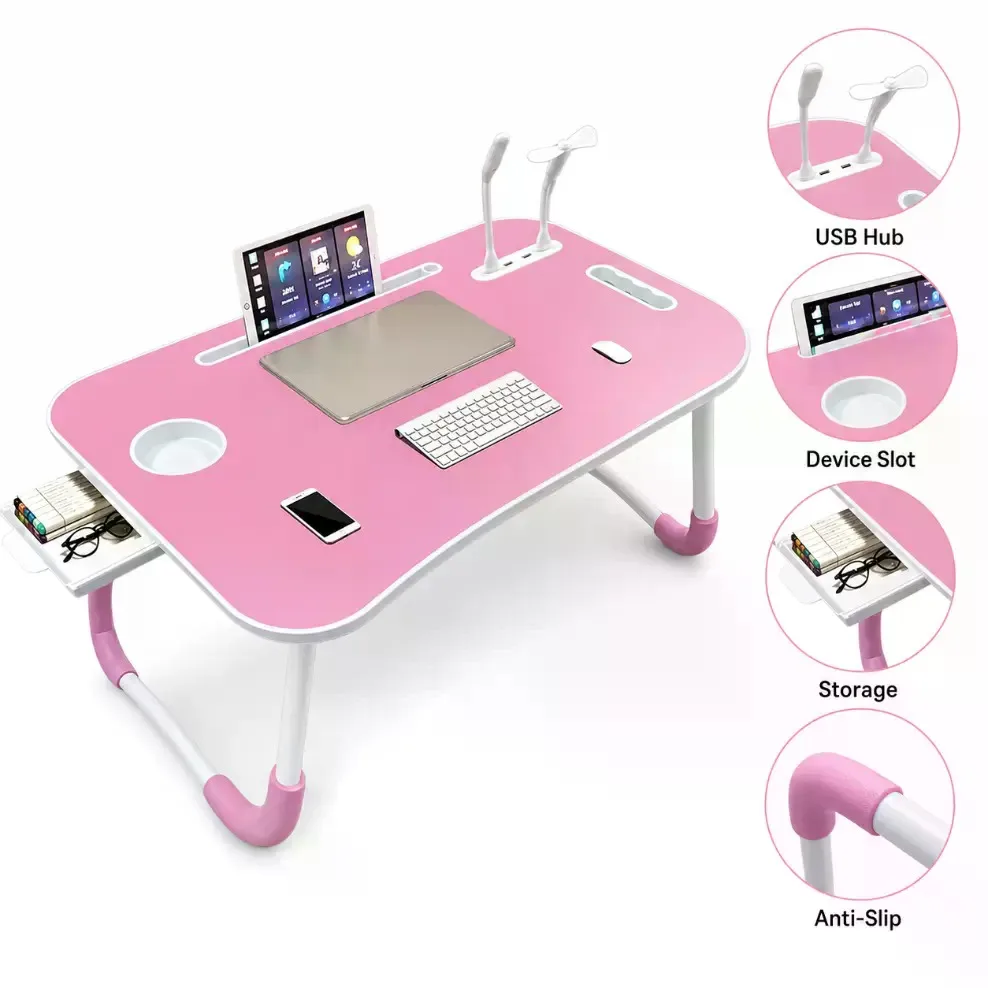 Ergonomic Laptop Stand - Portable Lap Desk, Foldable Computer Accessory with Stable Top Eases Strain, 4 USB Ports, Cooling Fan, LED Light, Cup Holder Ready, Drawer Keeps Gear, Tablet Slot, Ideal for Remote Workers, Home Office (Laptop Stands & Trays)