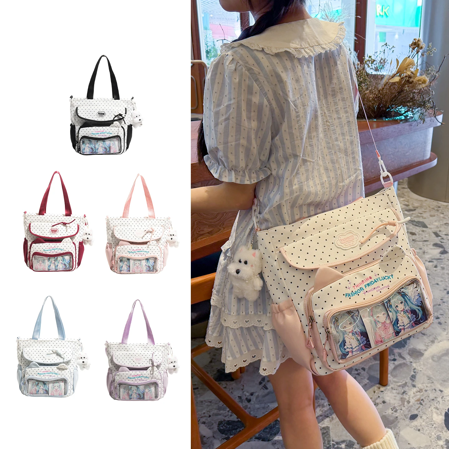 Tas Tangan Kawaii Polka Dot Ita Tote Tas Sekolah Saku Transparan Gaya Preppy Baru Tas Bahu Lucu Kapasitas Besar untuk Remaja Perempuan