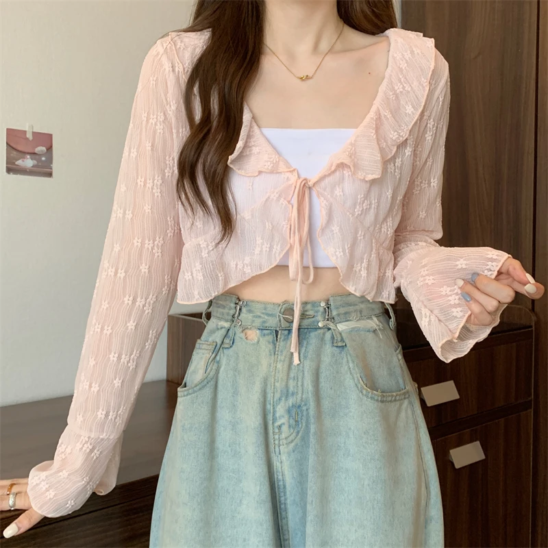 HELIAR Women Ruffles Sweet Cardigan Tops Long Sleeved Lace Up Transparent Knit Short Coat Boho Beach Sunscreen Shirt Summer