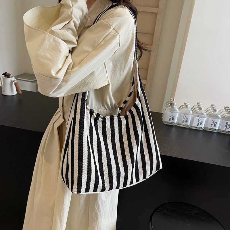 1 piece pure color one shoulder women\'s bag large capacity canvas tote bag stripesd bucket bag