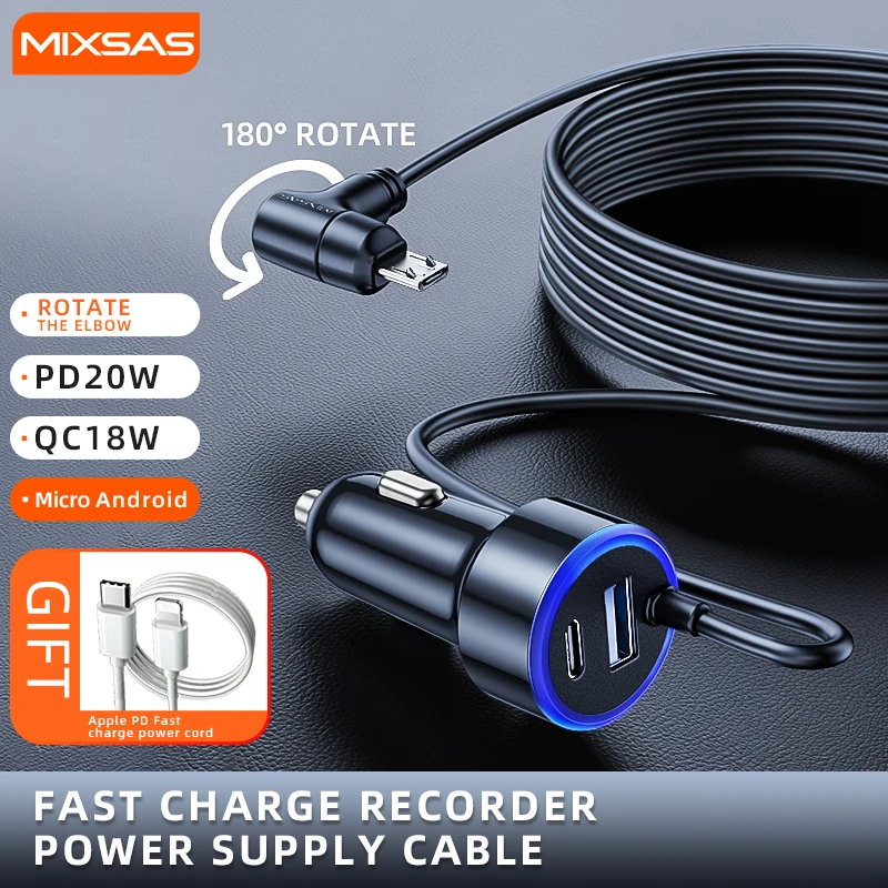 

MIXSAS Car Dash Cam Charger Long Cable with Mini USB PD20W QC180W Fast Charging 3IN1 Car Power Charger 2Port DVR GPS Adapter