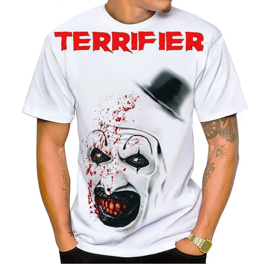 

Футболки с 3D принтом из фильма ужасов «Ужас» для мужчин и женщин, футболка с короткими рукавами в стиле хип-хоп, большие мужские топы в стиле Харадзюку, футболки, мужская одежда