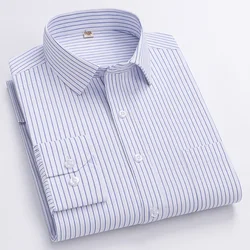 Men Formal Shirt Long Sleeve Office Solid Color Striped Anti-Wrinkle Non-ironing Fashion Business Pocket White Social Shirt 4XL