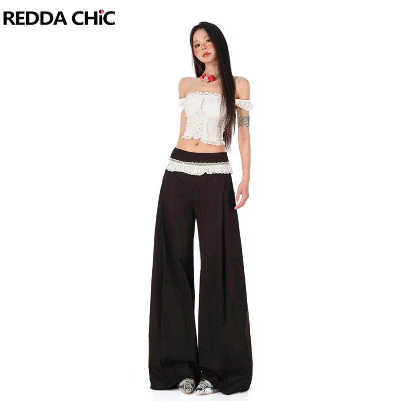 

REDDACHiC Lace Trim High Waist Suit Trousers Trendy Casual Pleated Front Cleanfit Wide Leg Dress Pants Office Work Women Clothes