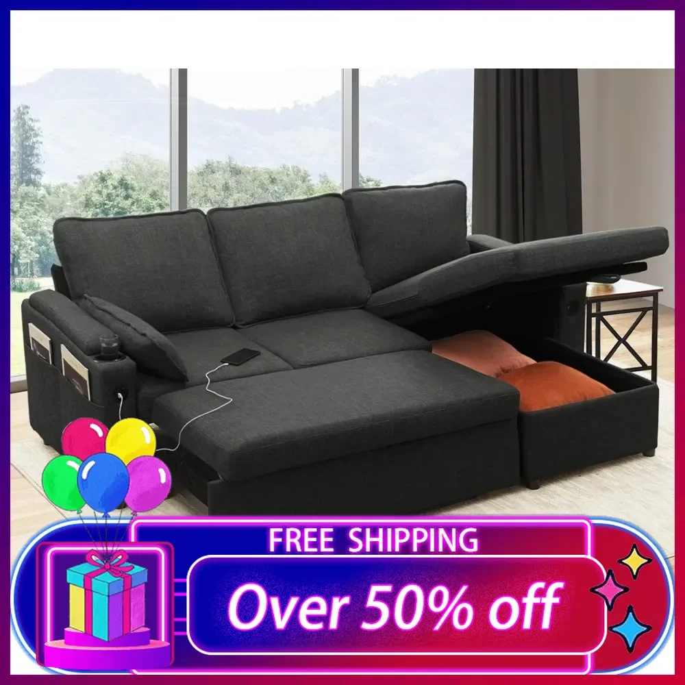 Sofa Bed Sleeper Pull Out 2 in 1 Sectional Sleeper Sofa Couches with Storage,USB, Cup Holder,Sectional Couches for living room