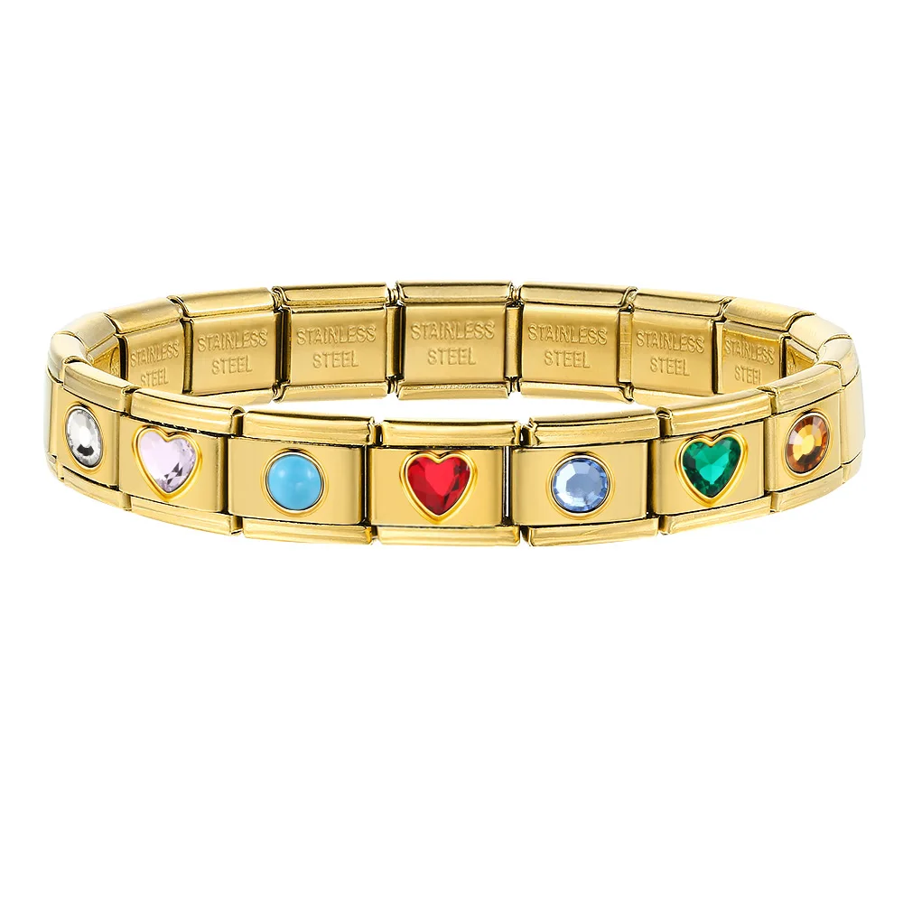 Goldfarbene, bunte, runde Herz-Italien-Charm-Verbindungsstücke für 9-mm-Armbänder, Edelstahl, zum Selbermachen von Schmuck, Perlen, Geschenke für Damen und Herren – Detail 2