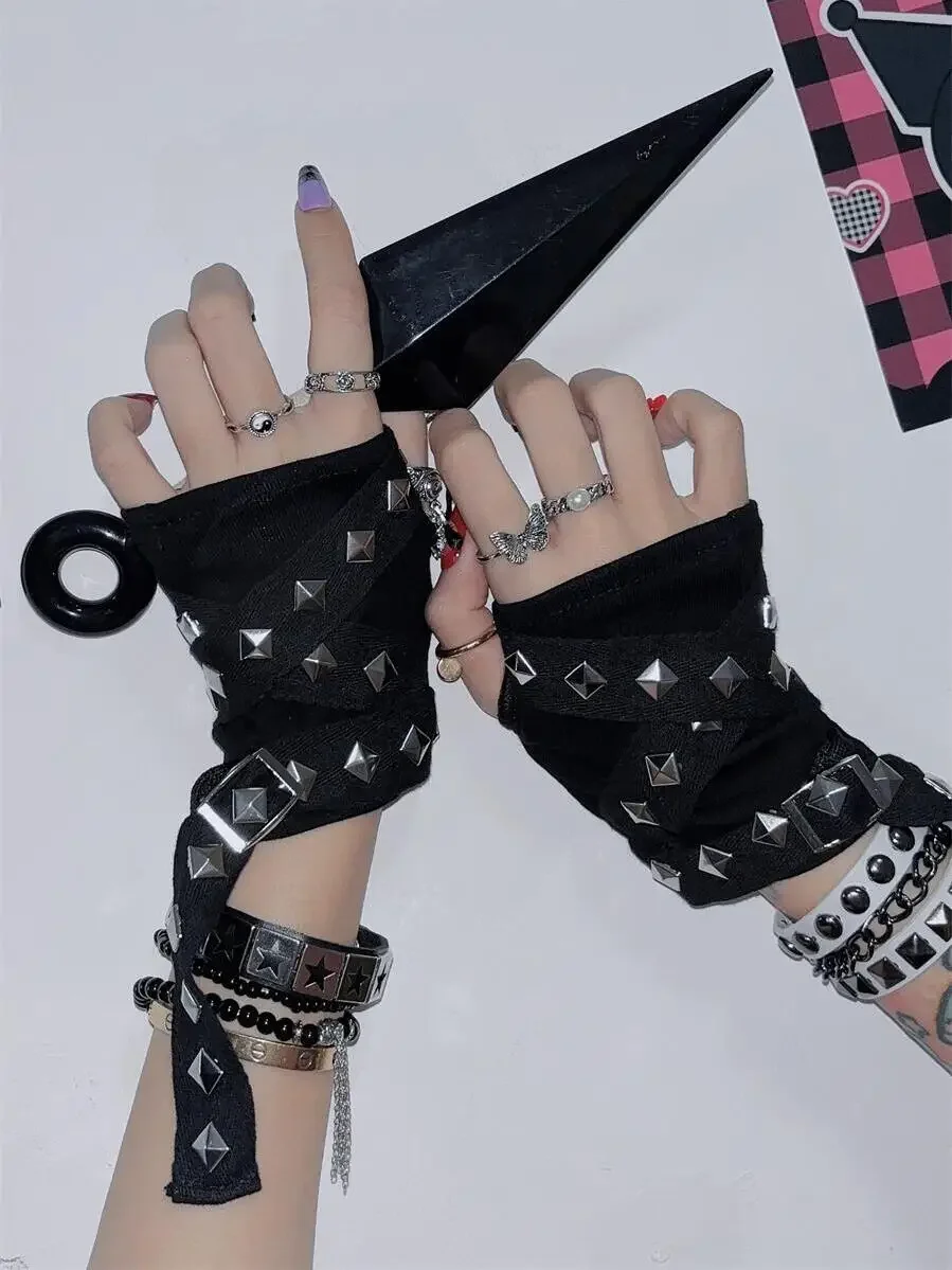 Gothic Harajuku Punk Black Glove Women Half Finger Length Sleeve Hip Hop Metal Pin Punk Rivet Cosplay Streetwear Hot Girl Y2k