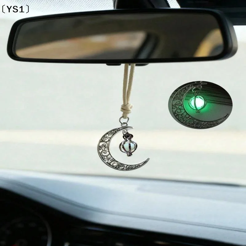 〔YS1〕Moon Pendant Car Hanging Ornament – Hollow Crescent Design, Inlaid With Luminous Stone, Elegant Rearview Mirror Decor