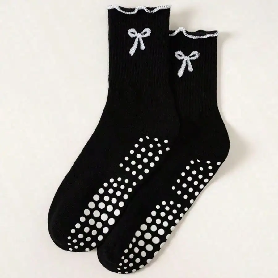 

Non-Slip Yoga Socks For Women - Black Long Leg Athletic Socks With White Bow, Breathable Comfort For Pilates, Fitness, Dance, Outdoor Sports, Ideal Gift All Season Wear