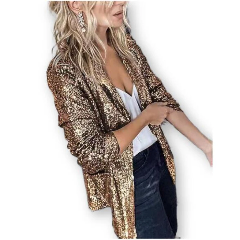 

Spring Turn Down Collar Irregular Sequined Mini Suit Jacket Mesh Spliced Beaded Blazers OL Cardigan Long-sleeved Crop Tops 2022