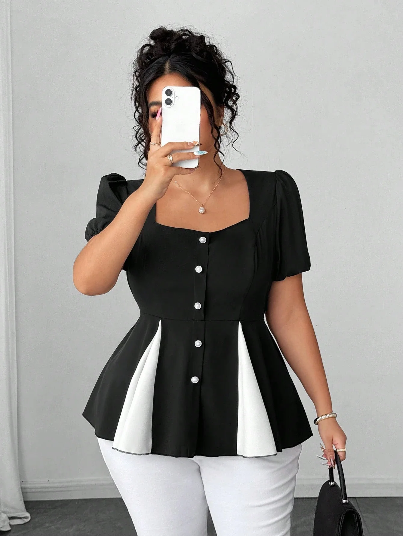 

Plus Size Summer Elegant Faux Pearl Button Balloon Sleeve Blouse Women Casual Peplum Top