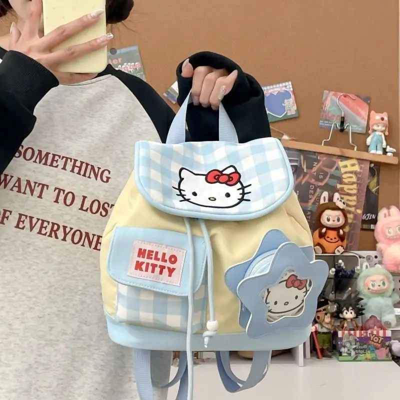 

Sanrio Girl New Style Schoolbag Hello Kittys Girl Fashion Backpack Plaid Drawstring Cartoon Backpack Versatile College Style Hot