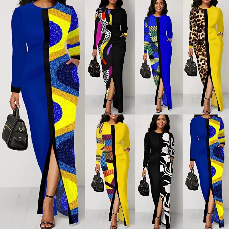 Slim Fit Long Sve Long Dr with Slit Print Splicing A-Line Knitted Dr for Women Spring Season Commute Sle round Ne