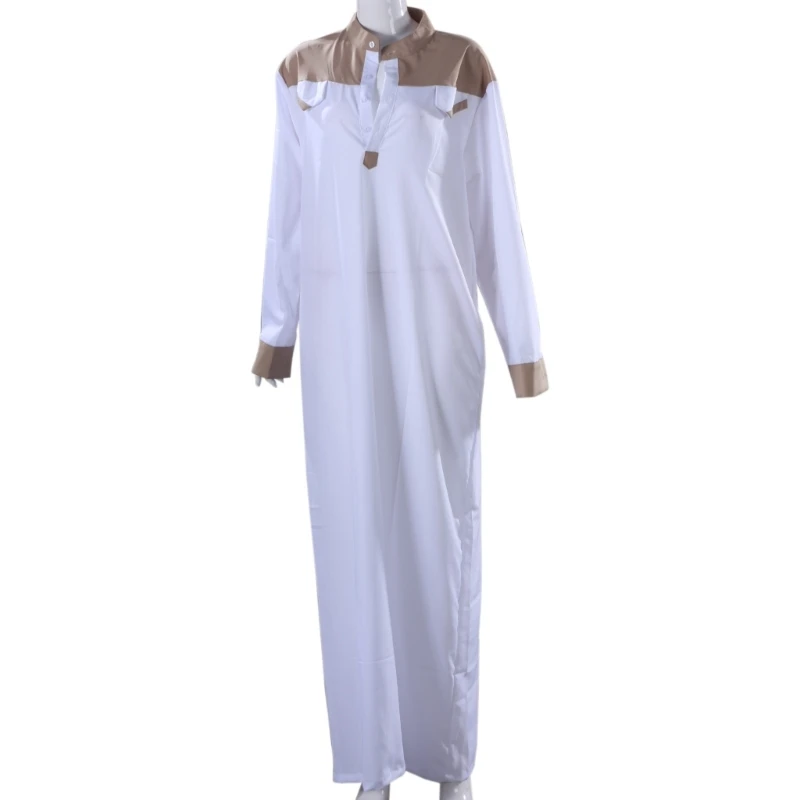 Y166 Moslim Thobe Comfortabele Mannen Caftan Mouw Contrast Kleur Moslim Kleding Mandarijn Hals Moslim Gewaad voor