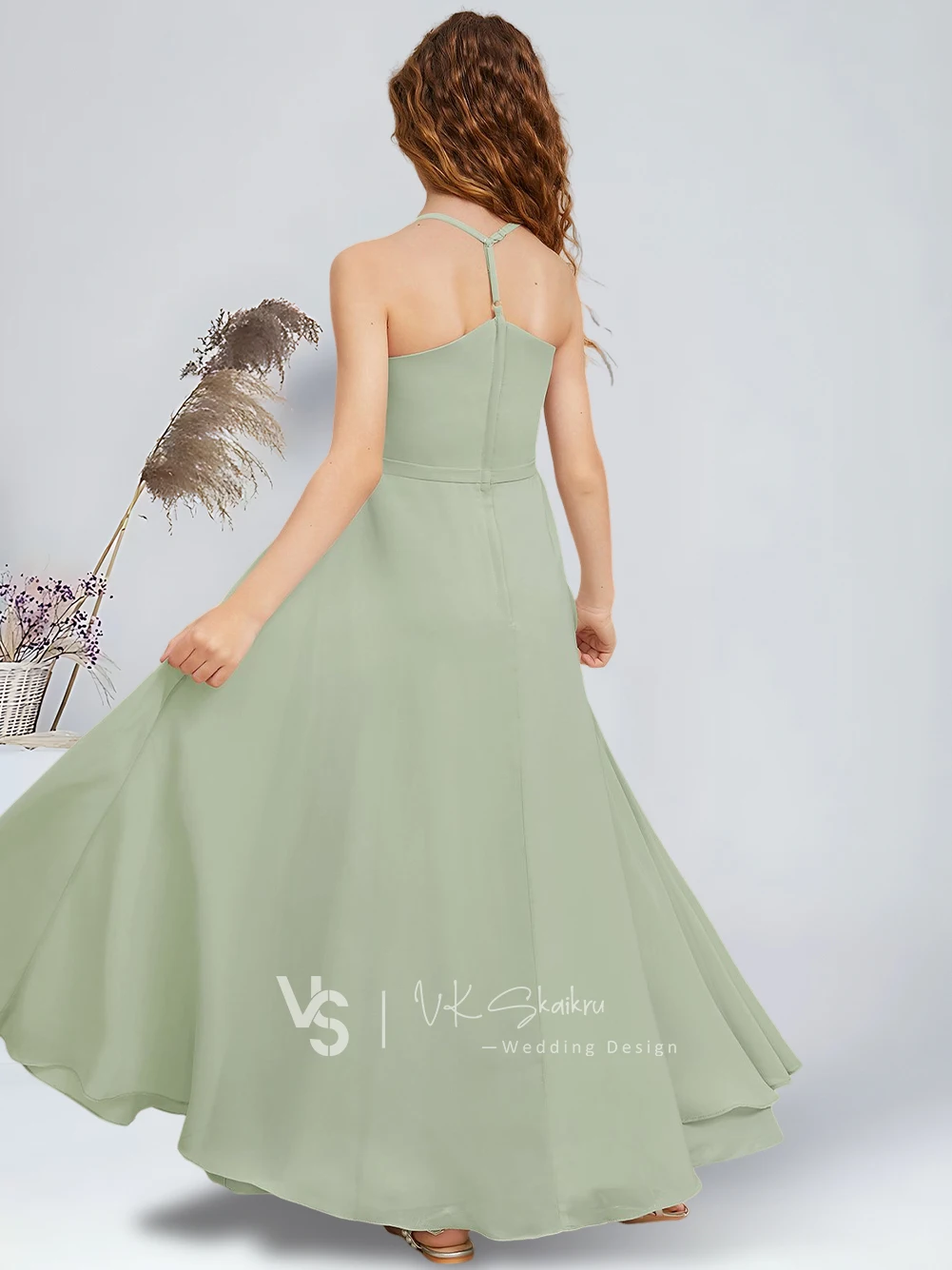 Elegant A-Line V-Neck Floor-Length Chiffon Junior Bridesmaid Dresses Celadon Charming Flower Girl Dresses Party Wedding Kids