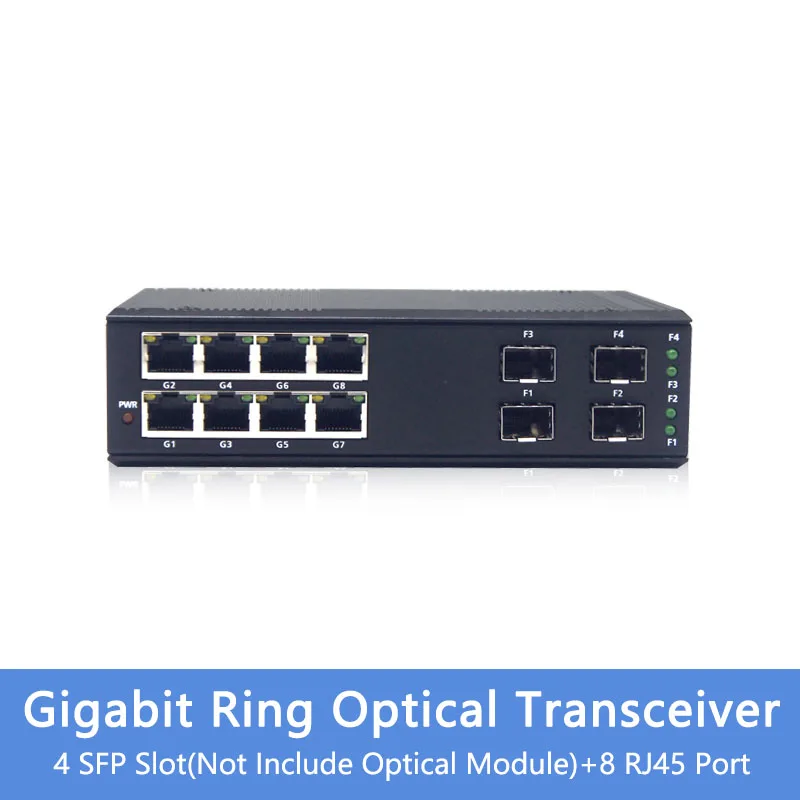 Industrial 35mm Din Rail Gigabit 4 SFP Slots 8 RJ45 Ports Ring Self-Healing Fiber Switch Media Converter view 6