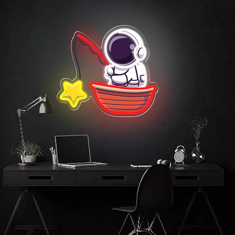 Astronaut Fishing Star on Boat Neon Sign Handmade Custom Spaceman LED Light for Bedroom Living Room Wall Decoration Light Signs