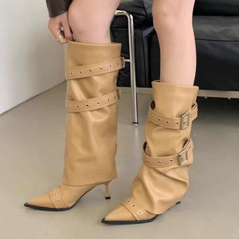 

High Heels Women's High Boots Designer Pointed Toe Leather Shoes 2025 Knee High Gothic Winter Boots New Pumps Party Mujer Botas