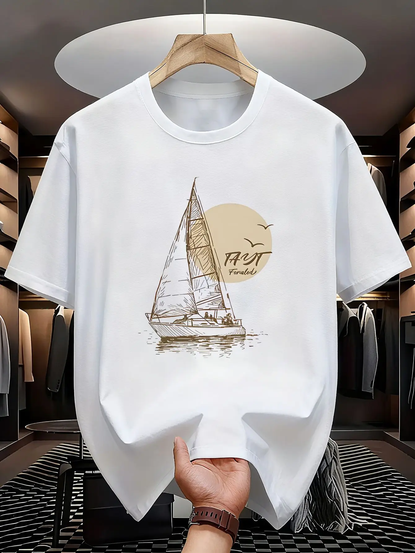 Starlit Sailboat Dream Tee | Nautical Art Illustration with Gentle Moon Delicate Sailboat Line Art Style | Summer Casual Gift Re
