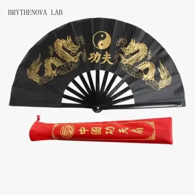 Chinese Tai Chi Fan Bamboo Ribs Double Dragon Kung Fu Ring Fold Fan Classical Red Performance Martial Arts Fitness Dancing Fans