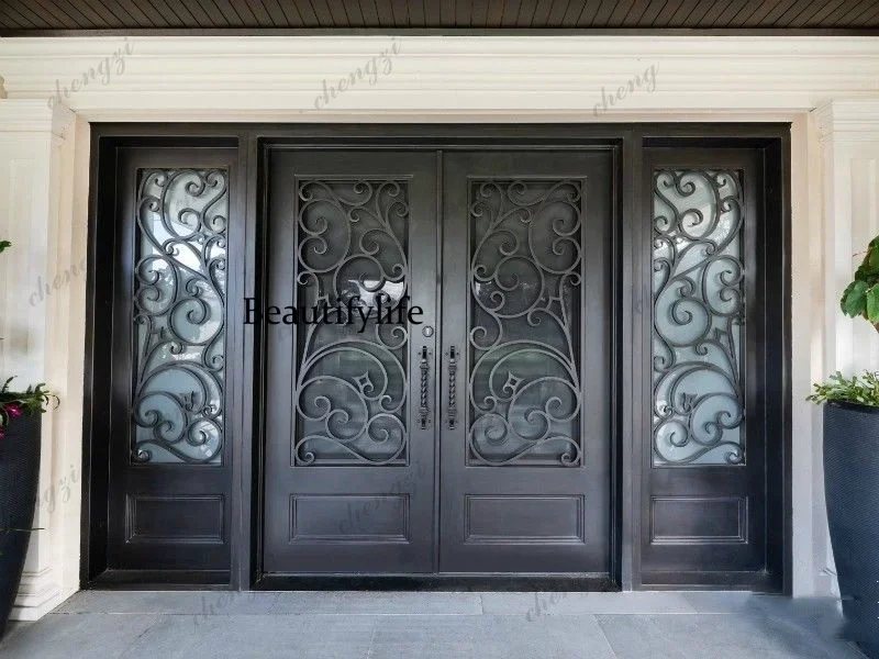 TTT  Customization High Quality Iron Front Door Design Arch Top Double Iron Door Designs Wrought Iron Door With Sidelights