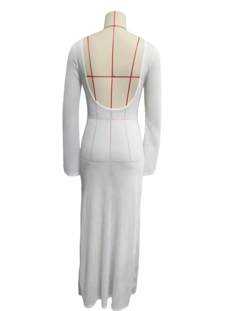 Robe en tricot transparente pour femmes, Cover-up pour Bikini, manches longues, col rond, dos nu, robes longues, Club, plage, Sexy, maillots de bain