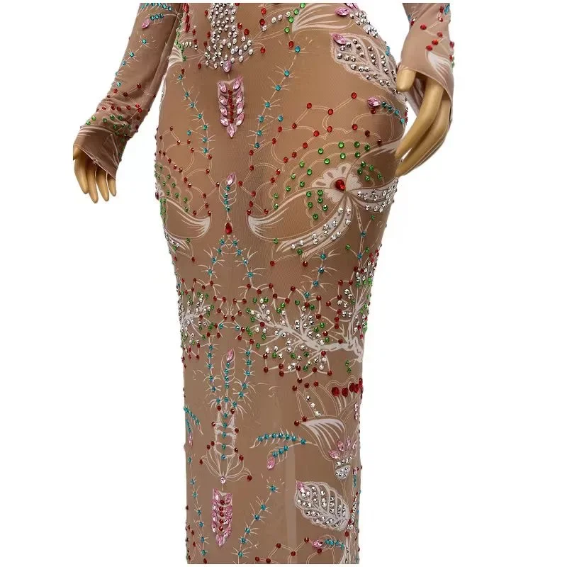 Mode Lange Ärmeln Bunte Strass Kleid Frauen Party Mesh Abendkleider Festival Outfit Bühne Leistung Tragen XH