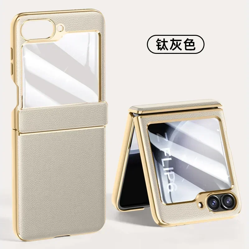 

Cases For Samsung Galaxy Z Flip5 Phone Case Electroplated Leather Spring Hinge Shell Film All-Inclusive Z Flip6 Protective Cover