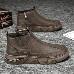 Men's Leather Chelsea Ankle Boots Men Casual Soft Sole Comfortable Shoes Versatile Male British Style High-top Trend Work Boots