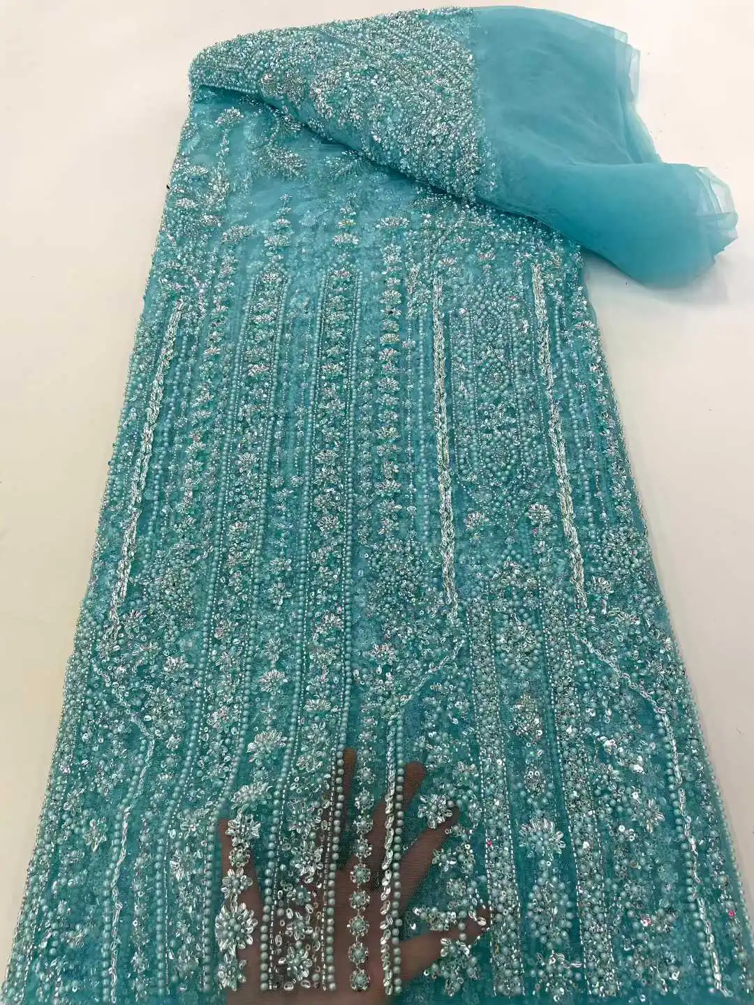 Purple African Beaded Lace Fabric Sequins Embroidery 2025 High Quality French Mesh Lace Fabric for Women Designs Sewing 5 Yards