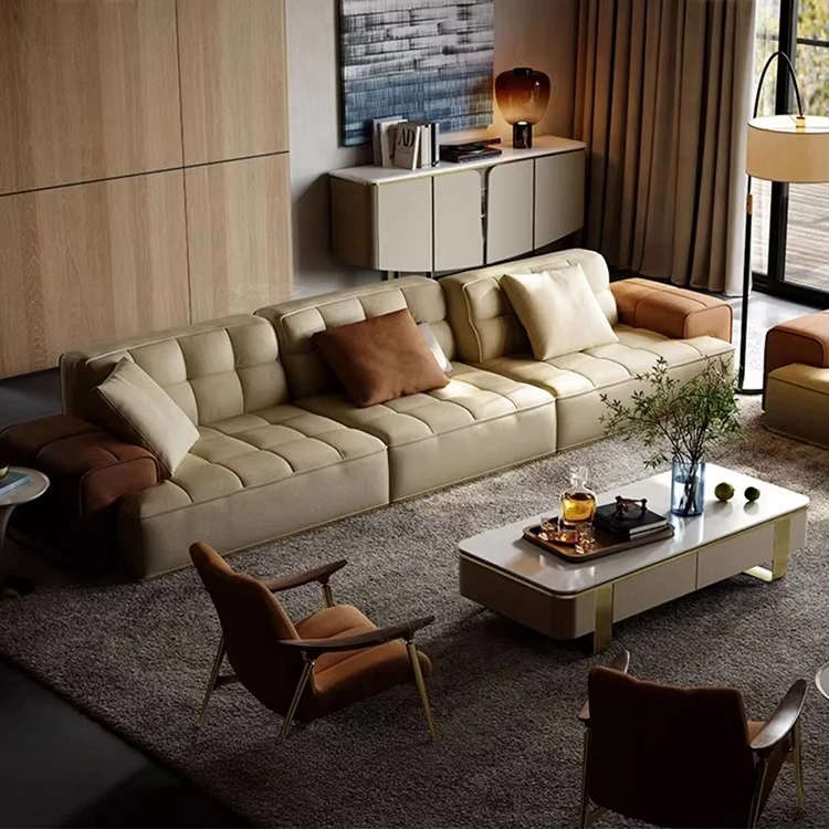 &Italian Pea Leather Sofa Living Room Modern and Noble Straight Row Light Luxury Top Layer Cowhide Sofa
